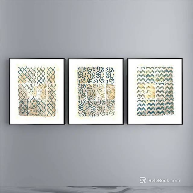 Three Decorative Wall Art Pieces With Geometric Patterns In Black Frames On Grey Wall 3d model