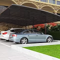 Carport Covering Two Cars With Stone Wall Arched Structure And Greenery Background