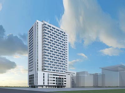 Modern High Rise Office Building With Glass Curtain Wall And Blue Sky White Clouds Background 3d model