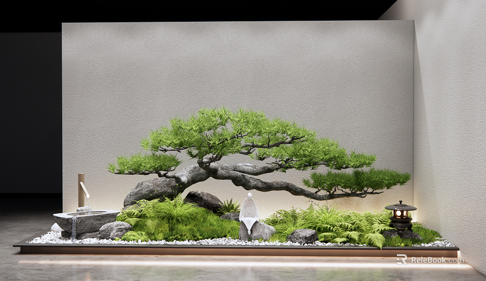 Courtyard Garden Design With Curved Pine Tree Gray Wall Stones Green Plants And Decorative Lantern 3d model 