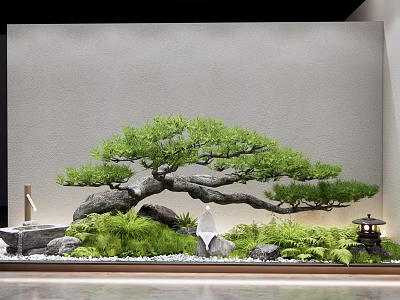 Courtyard Garden Design With Curved Pine Tree Gray Wall Stones Green Plants And Decorative Lantern 3d model