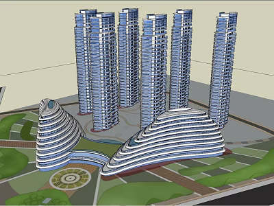 Modern Commercial Complex With High Rise Buildings Unique Low Rise Structures And Green Plaza 3d model