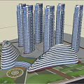 Modern Commercial Complex With High Rise Buildings Unique Low Rise Structures And Green Plaza