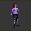 Game Movie Character With Red Hair Purple Hoodie Cartoon Graphic Skirt And Roller Skates
