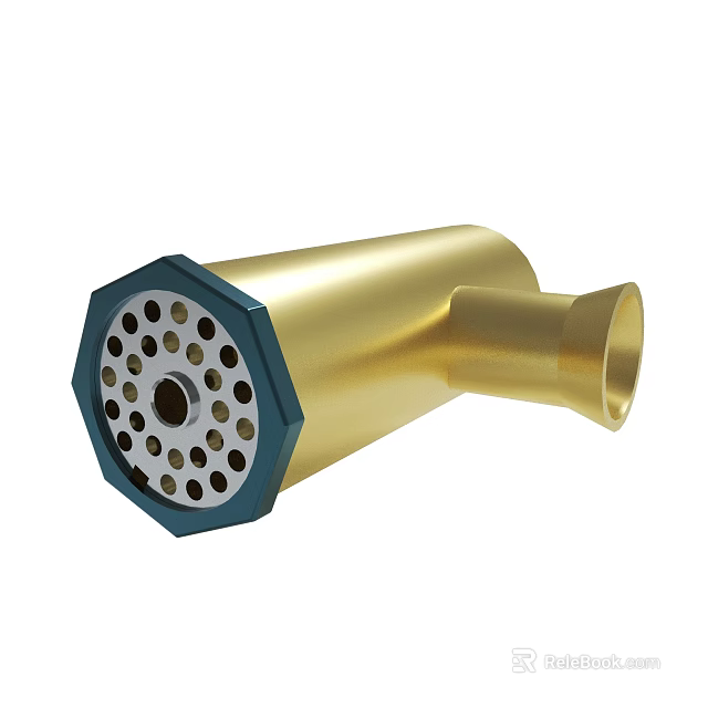 Golden Metal Component With Black Hexagonal Base Small Holes And Curved Nozzle 3d model 