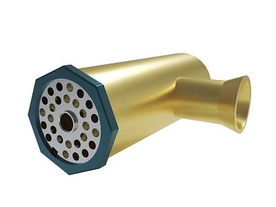 Golden Metal Component With Black Hexagonal Base Small Holes And Curved Nozzle 3d model
