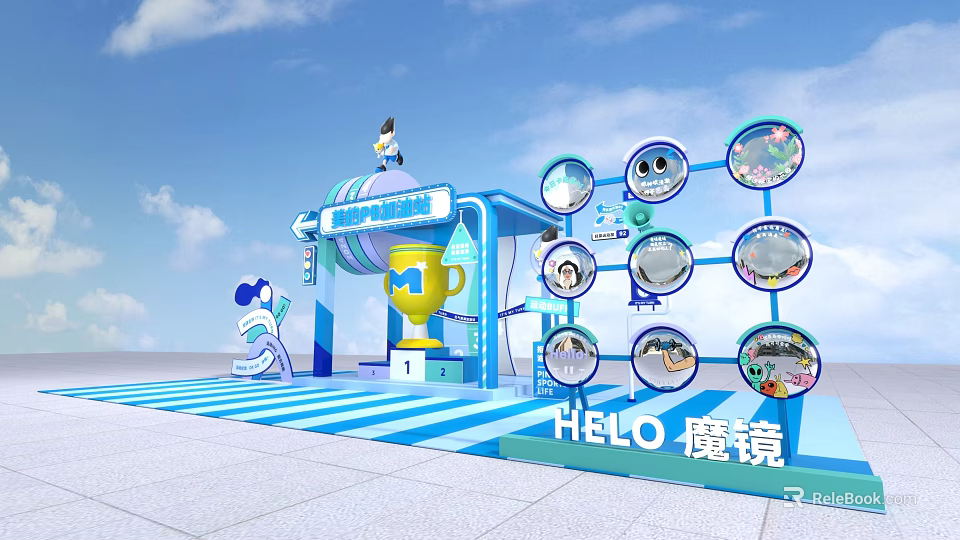 HELO Magic Mirror Photo Check-in Spot With Golden Trophy Circular Display Windows And Cartoon Character 3d model 