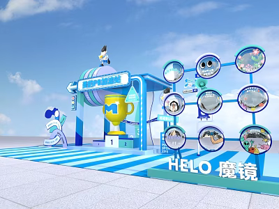 HELO Magic Mirror Photo Check-in Spot With Golden Trophy Circular Display Windows And Cartoon Character 3d model