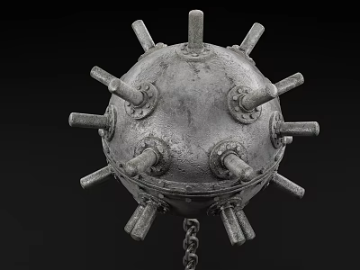 Ancient Spherical Metal Weapon With Numerous Sharp Spikes And Attached Chain 3d model