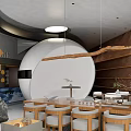 Elegant Modern Clubhouse Interior with Wooden Table Sofa and Circular Wall Decor