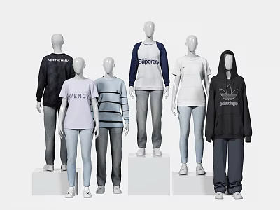 Fashion Mannequins Wearing Various Casual Outfits Including Hoodies Tees And Jeans In Retail 3d model