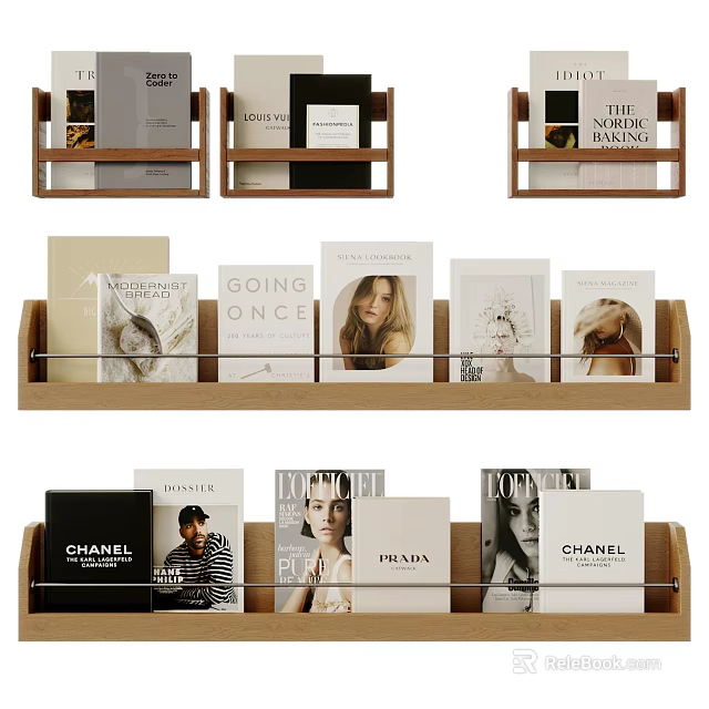 Books And Magazines On Wooden Shelf Display Various Fashion Lifestyle Covers 3d model 
