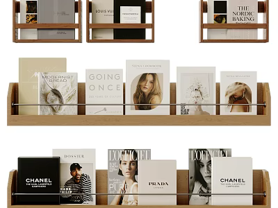 Books And Magazines On Wooden Shelf Display Various Fashion Lifestyle Covers 3d model