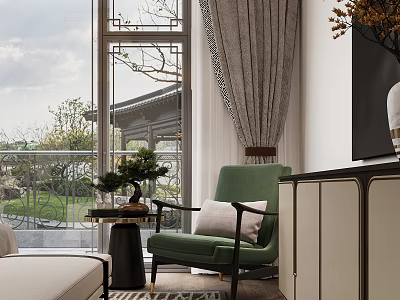 Cozy Green Single Sofa by Window with Scenic View Small Side Table and Potted Plant 3d model