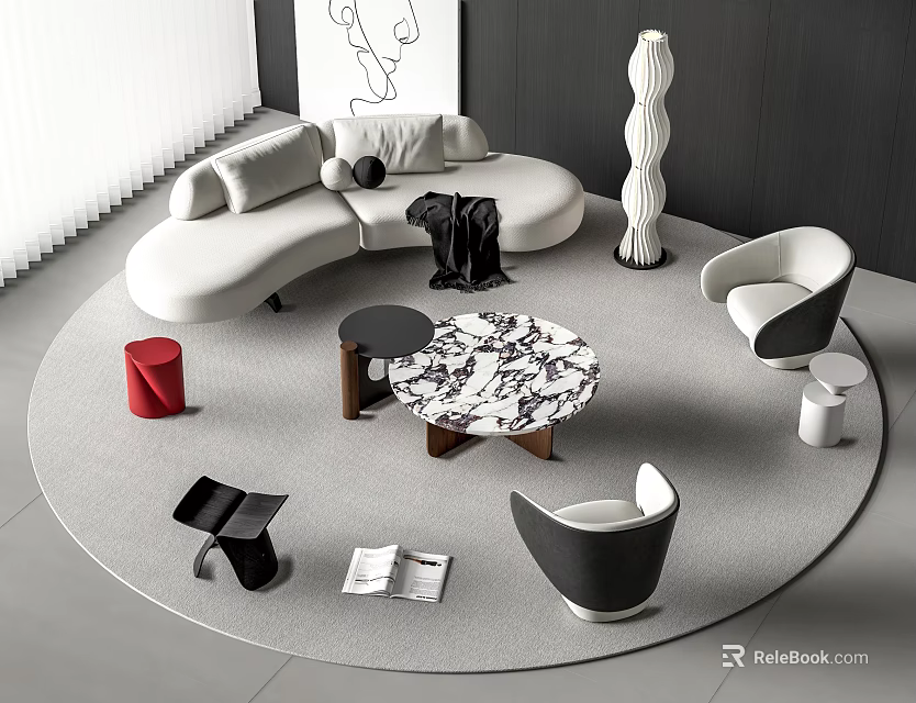 Modern Curved White Sofa and Marble Coffee Table Set with Black Chairs and Gray Rug 3d model 
