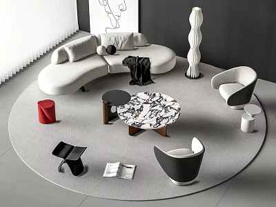 Modern Curved White Sofa and Marble Coffee Table Set with Black Chairs and Gray Rug 3d model