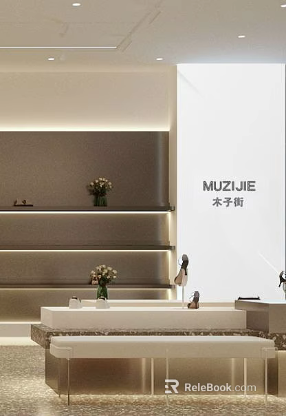 MUZIJIE Store With Grey Wall Layered Shelves Flower Vases And Decorative Items On Display Counter 3d model 