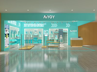 Modern Bright Turquoise Fashion Clothing Store Interior With Organized Display Racks Mannequins And Reception Counter 3d model