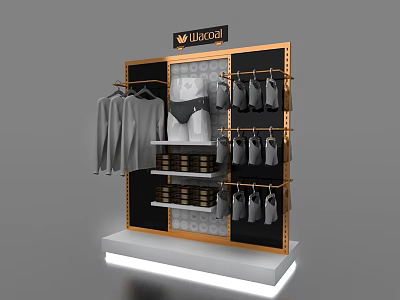 LIDOOL Brand Retail Display Shelf With Hanging Clothes And Folded Items On Golden Frame 3d model