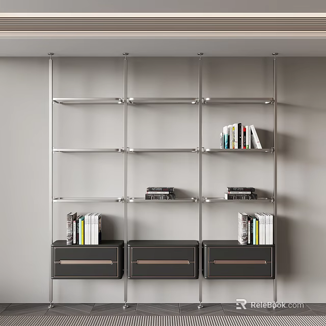 Modern Metal Bookshelf With Layered Design And Drawer Cabinets For Books 3d model 