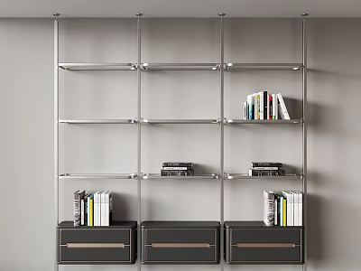Modern Metal Bookshelf With Layered Design And Drawer Cabinets For Books 3d model