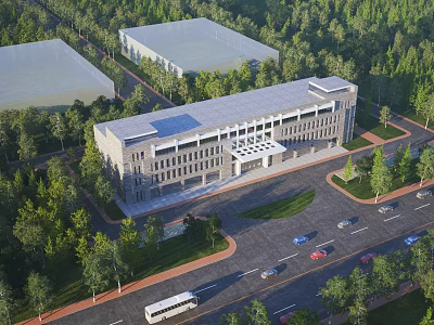 Aerial View Planning of Modern Building Complex with Green Surroundings Road Network and Parking Areas 3d model