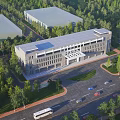 Aerial View Planning of Modern Building Complex with Green Surroundings Road Network and Parking Areas