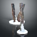 Wooden Stone Sculptures Two Artistic Pieces With Snow Like Base On Black Reflective Background