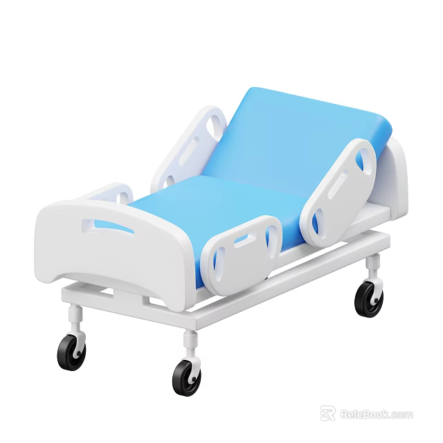 Medical Hospital Bed With Blue Mattress White Frame Side Rails And Wheels 3d model 