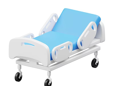 Medical Hospital Bed With Blue Mattress White Frame Side Rails And Wheels 3d model