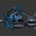 Blue Mechanical Robot Action Figures With Multiple Units On Platform Vehicle And Detailed Design