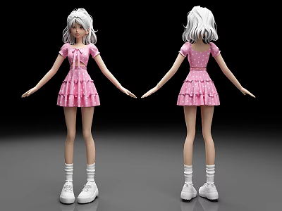 Anime Style Female Character With White Hair Pink Dress And White Shoes Front Back Views 3d model