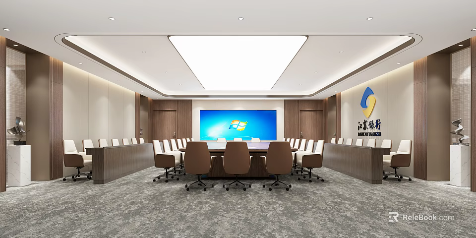 Modern Conference Room Interior With Large Screen And Professional Seating Setup 3d model