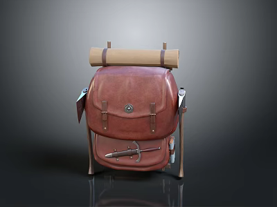 Practical Brown Leather Backpack With Rolled Top And Metal Buckle Straps 3d model