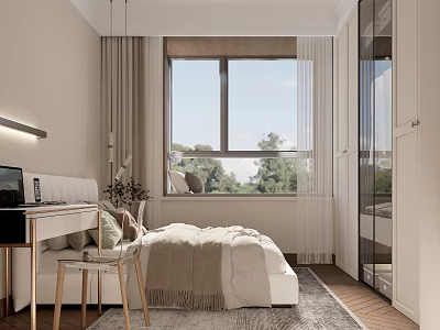 Modern Hotel Guest Room With Comfortable Bed Desk Chair And Large Window Viewing Trees 3d model