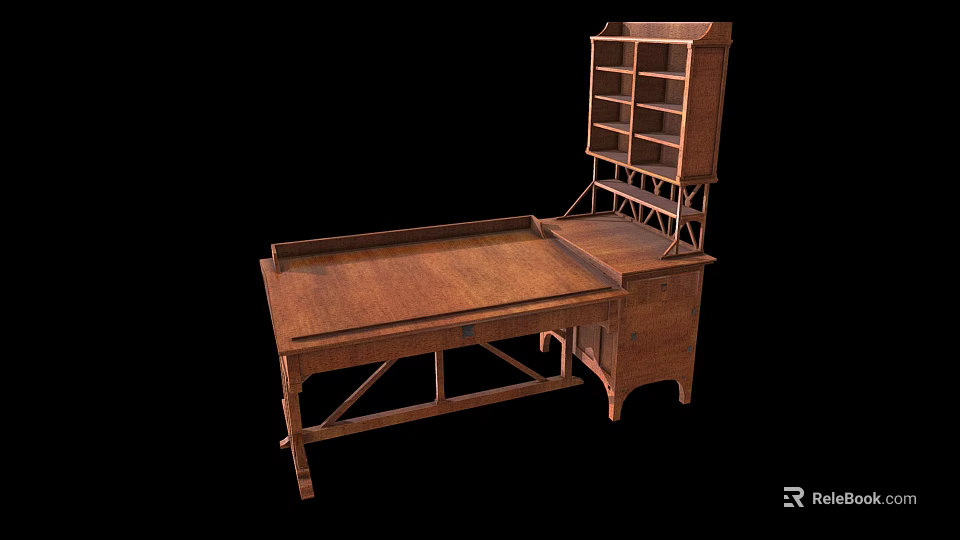Spacious Vintage Wooden Desk With Upper Bookshelf Drawers And Classic Design 3d model 