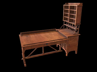 Spacious Vintage Wooden Desk With Upper Bookshelf Drawers And Classic Design 3d model