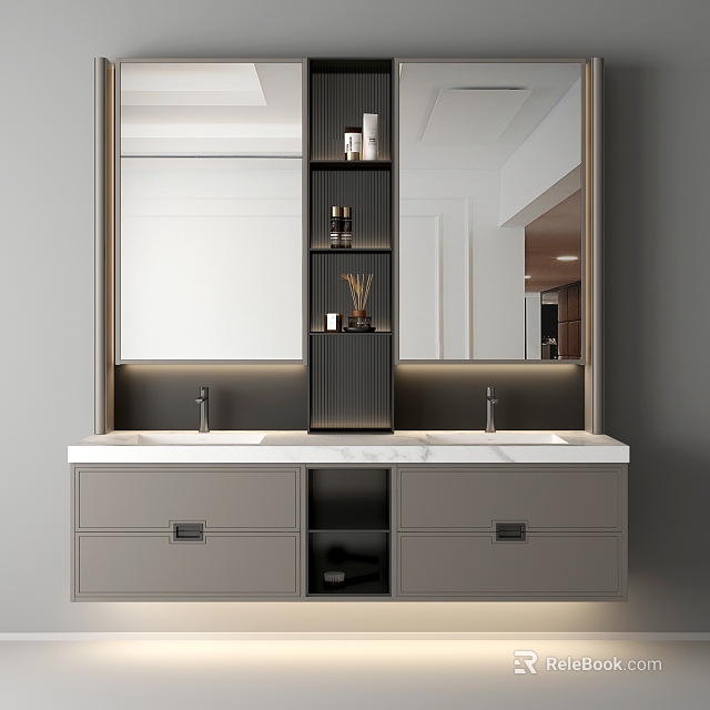 Modern Bathroom Vanity With Double Sink Marble Countertop Mirror Shelf And Cabinet 3d model 