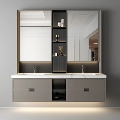 Modern Bathroom Vanity With Double Sink Marble Countertop Mirror Shelf And Cabinet 3d model