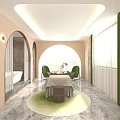 SPA Sauna Interior Design With Arched Doorways Large Windows Green Chairs And Massage Table