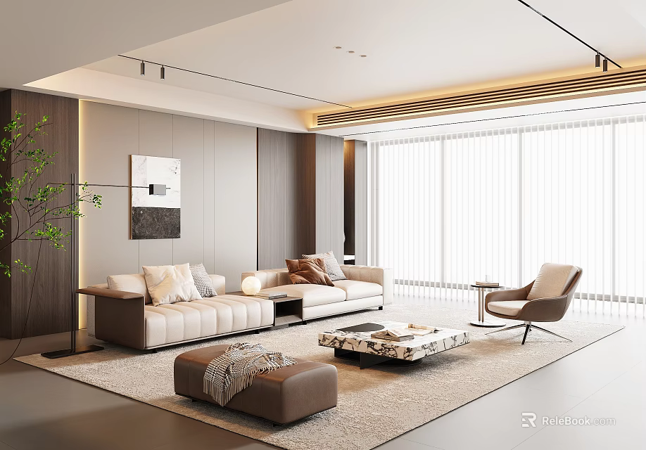Modern Living Room Interior Design With Beige Sofa Brown Armchair And Geometric Coffee Table 3d model 