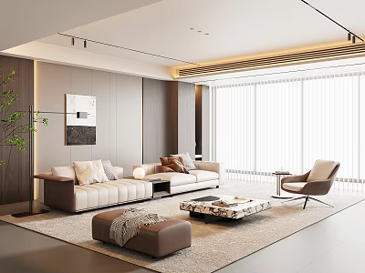 Modern Living Room Interior Design With Beige Sofa Brown Armchair And Geometric Coffee Table 3d model