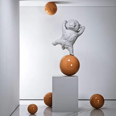 Decorative Ornament Combination With White Monkey Statue On Orange Sphere And White Cubic Base 3d model