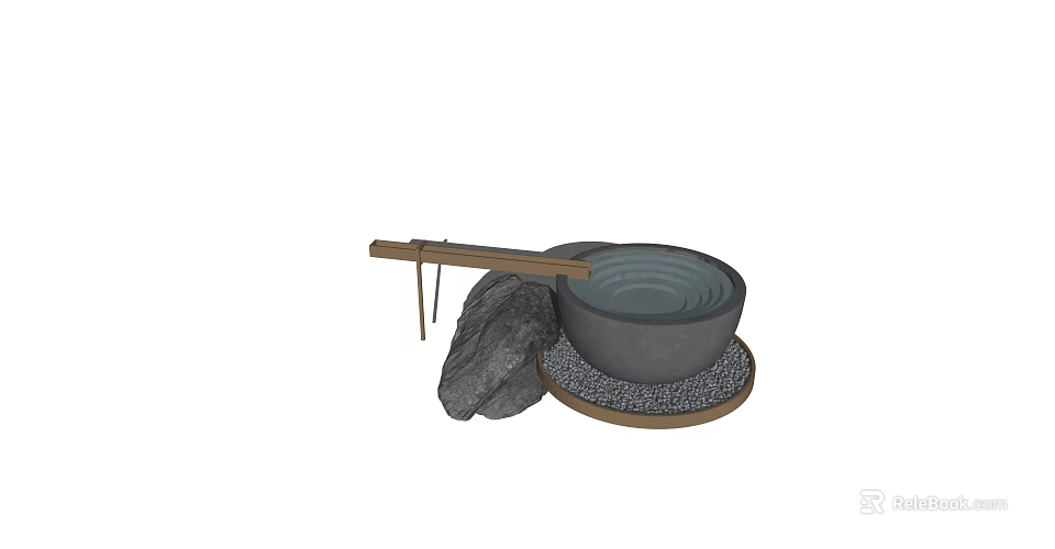 Traditional Decorative Water Feature With Stone Basin Wooden Lever And Pebble Base 3d model 