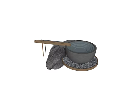 Traditional Decorative Water Feature With Stone Basin Wooden Lever And Pebble Base 3d model