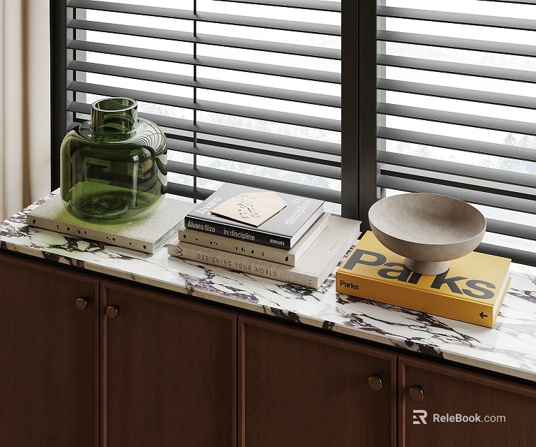 Books and Parks Magazine on Marble Windowsill With Green Vase Gray Bowl and Brown Cabinet 3d model 