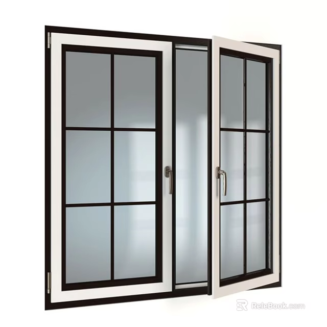Modern Double Casement Windows With Black Frame White Grid Glass Design 3d model 
