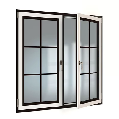 Modern Double Casement Windows With Black Frame White Grid Glass Design 3d model