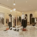 Modern Clothing Store Interior Design With Hanging Racks Display Tables And Decorative Plants