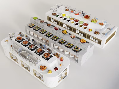 Elegant White Buffet Tables With Various Foods And Utensils Arranged On 3d model